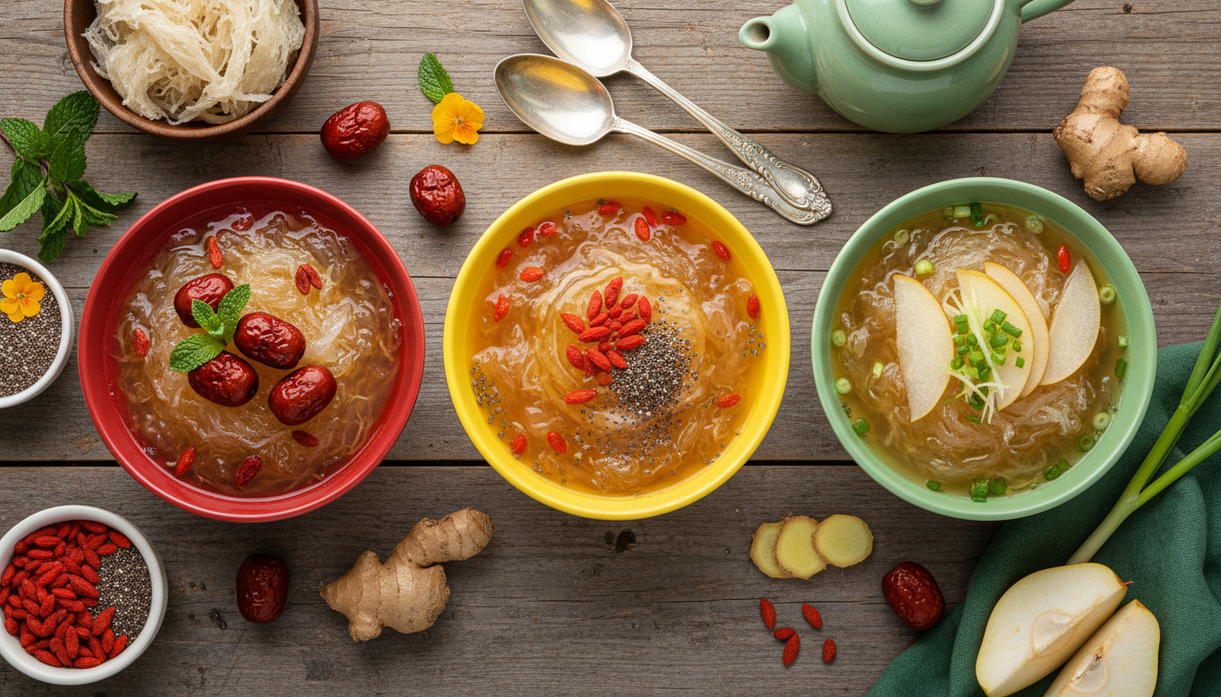 Ba chén yến chưng với các nguyên liệu khác nhau để yến chưng giữ trọn dinh dưỡng và đa dạng