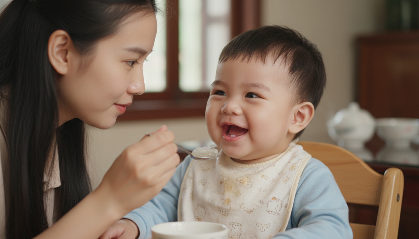 Bé gái khỏe mạnh đang vui vẻ ăn một chén yến chưng