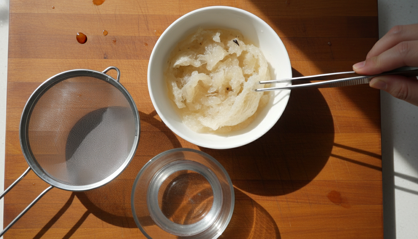 Các bước sơ chế yến thô Khánh Hòa tại nhà với nhíp và nước sạch.