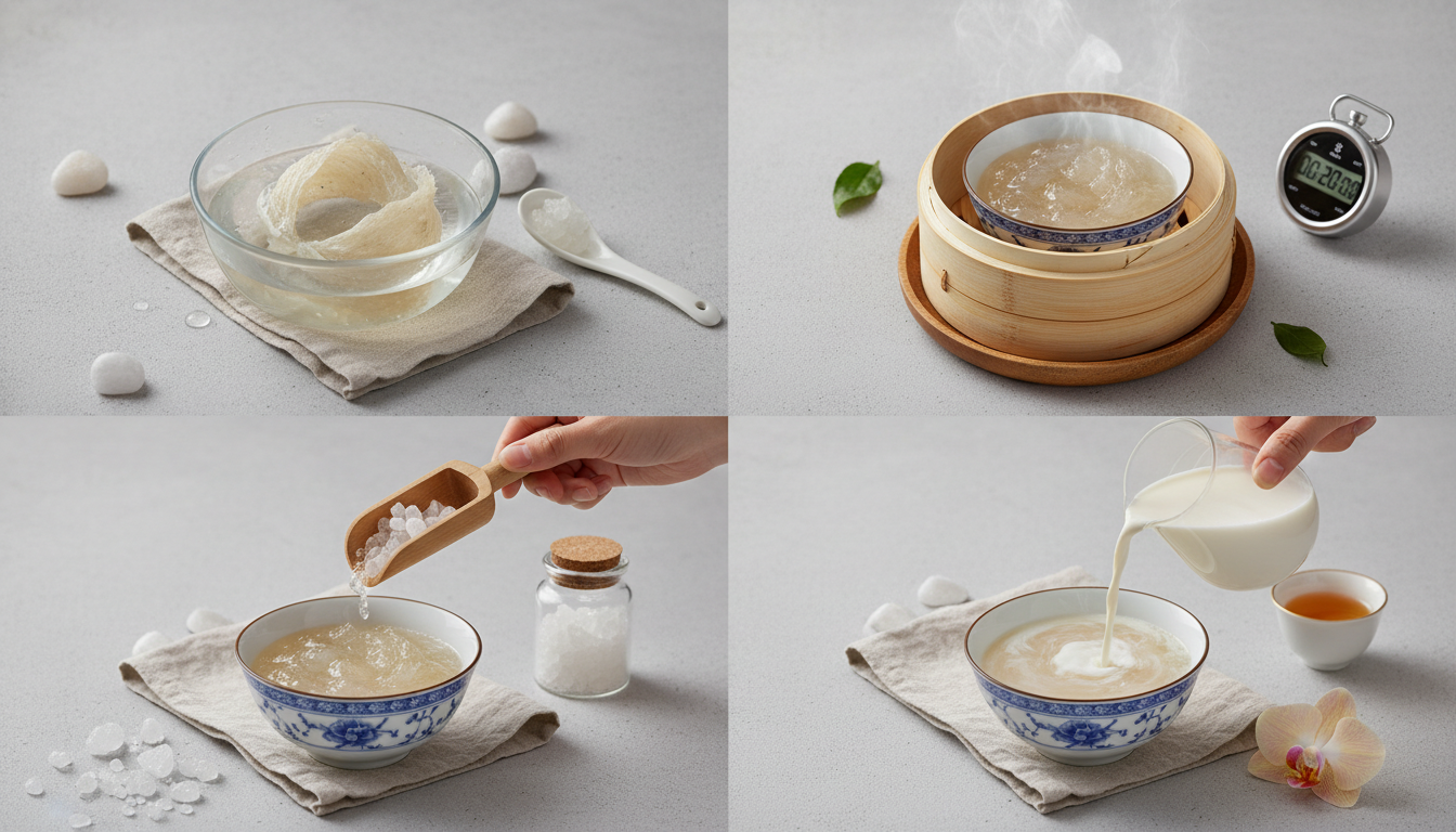 Các bước thực hiện món tổ yến chưng sữa tươi cho bé tại nhà