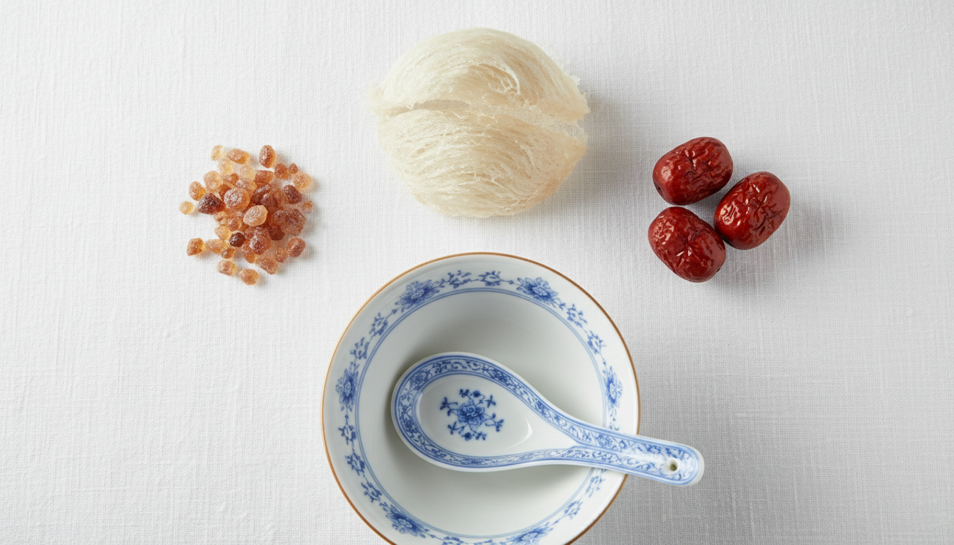 Các nguyên liệu chế biến món yến sào dưỡng da như tổ yến, đường phèn, táo đỏ