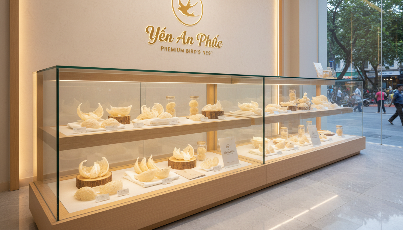 Các sản phẩm tổ yến thô chất lượng cao được trưng bày để khách hàng phân biệt yến thô loại 1.