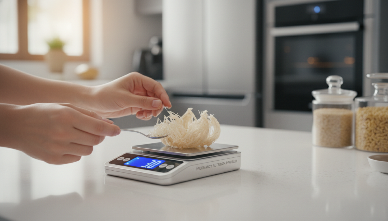 Cận cảnh bàn tay đang cân một lượng yến thô tinh chế vừa đủ trên cân điện tử