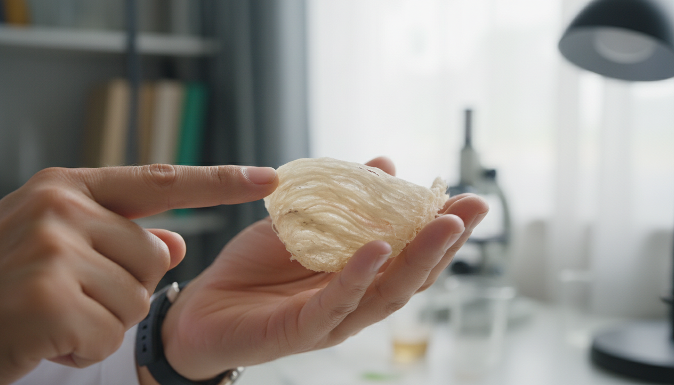 Chuyên gia đang hướng dẫn cách phân biệt yến thô loại 1 dựa trên màu sắc và hình dáng.