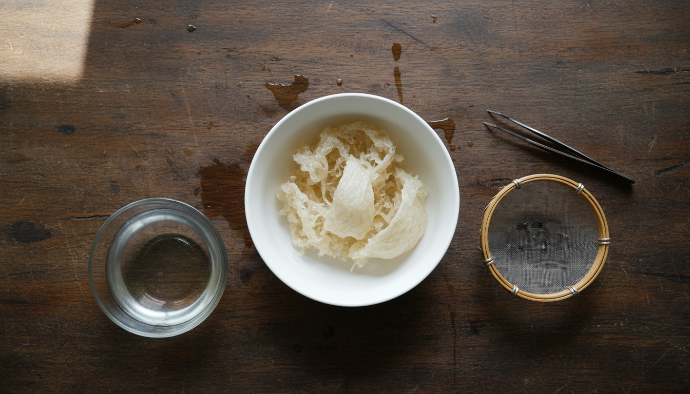 Dụng cụ sơ chế yến thô bao gồm nhíp, rây và bát nước sạch