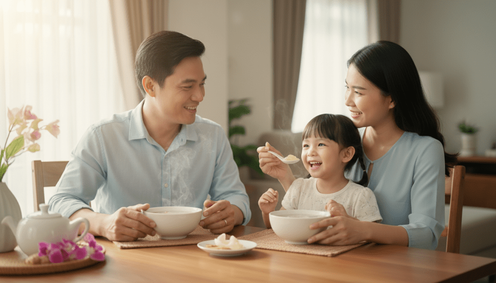 Gia đình hạnh phúc cùng nhau thưởng thức món yến chưng giữ trọn dinh dưỡng