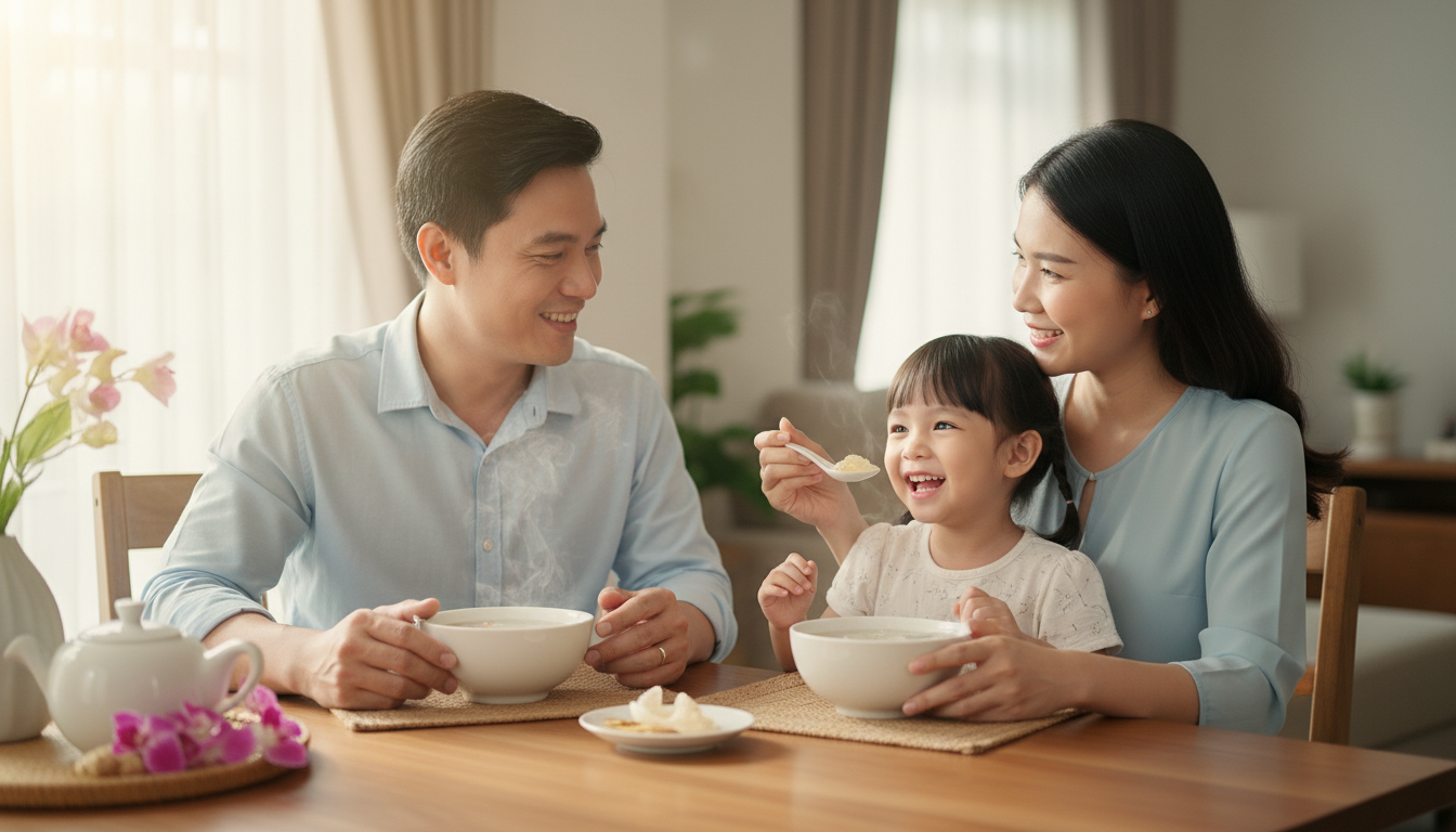 Gia đình hạnh phúc cùng nhau thưởng thức món yến chưng giữ trọn dinh dưỡng