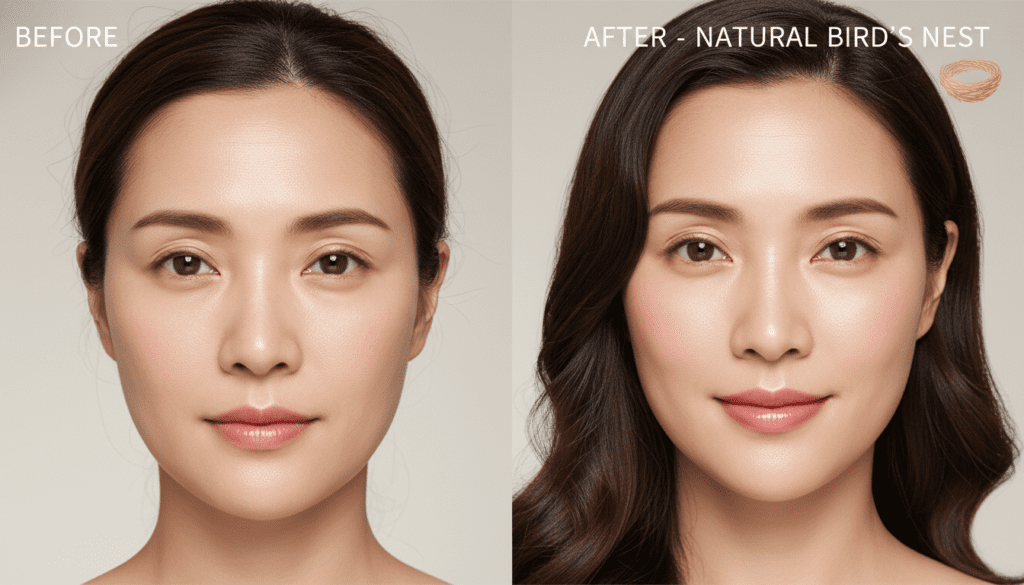 Làn da trước và sau khi sử dụng yến sào thiên nhiên để minh họa công dụng làm đẹp.