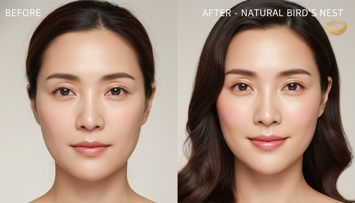 Làn da trước và sau khi sử dụng yến sào thiên nhiên để minh họa công dụng làm đẹp.