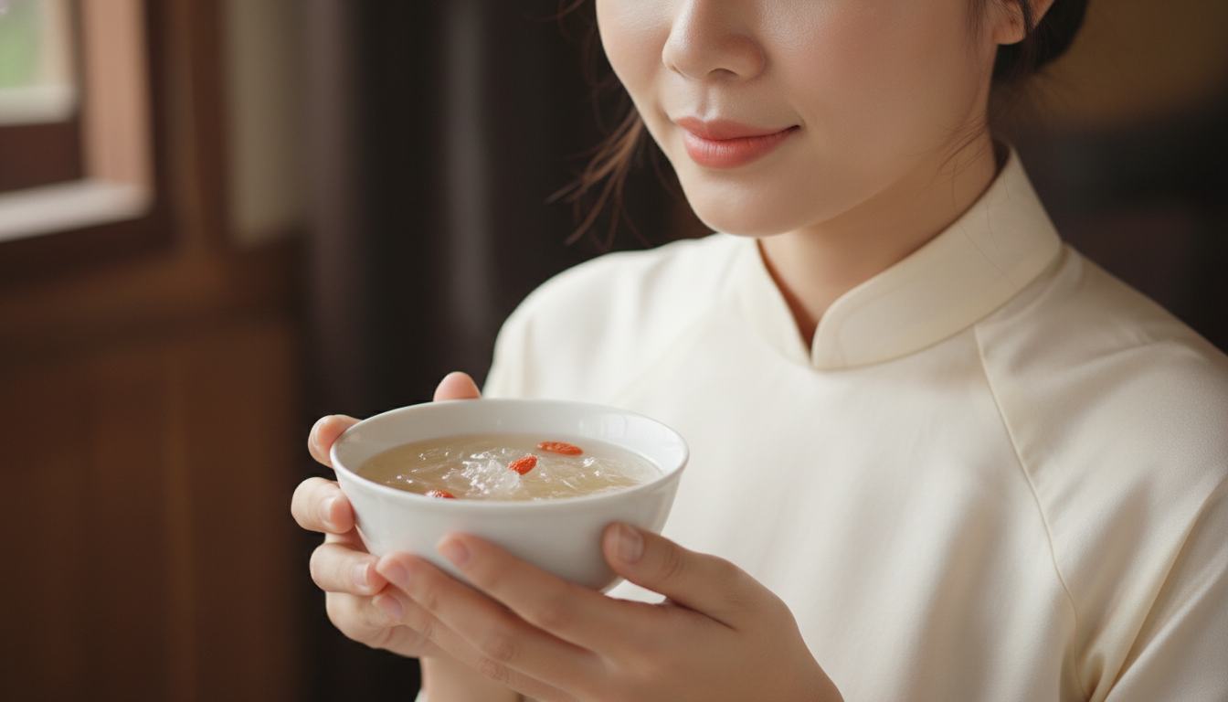 Một phụ nữ Việt Nam có làn da rạng rỡ đang cầm một chén yến sào thiên nhiên.