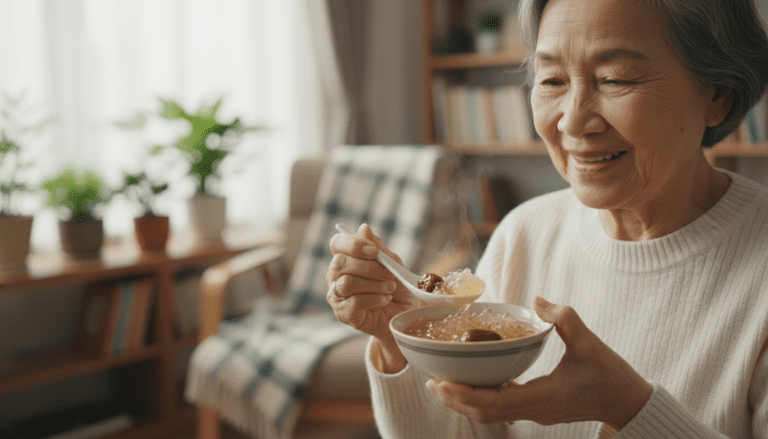 Người lớn tuổi vui vẻ thưởng thức chén yến tinh chế chưng táo đỏ