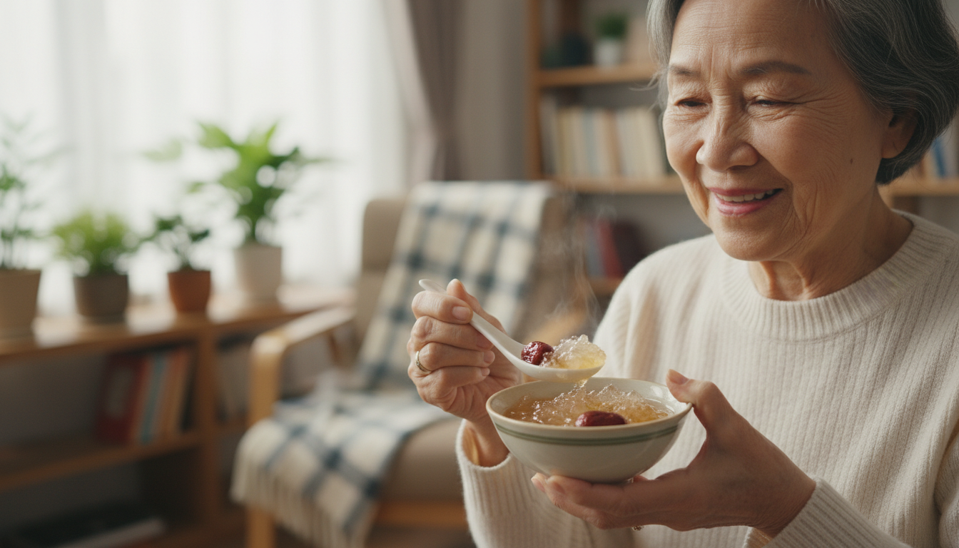 Người lớn tuổi vui vẻ thưởng thức chén yến tinh chế chưng táo đỏ