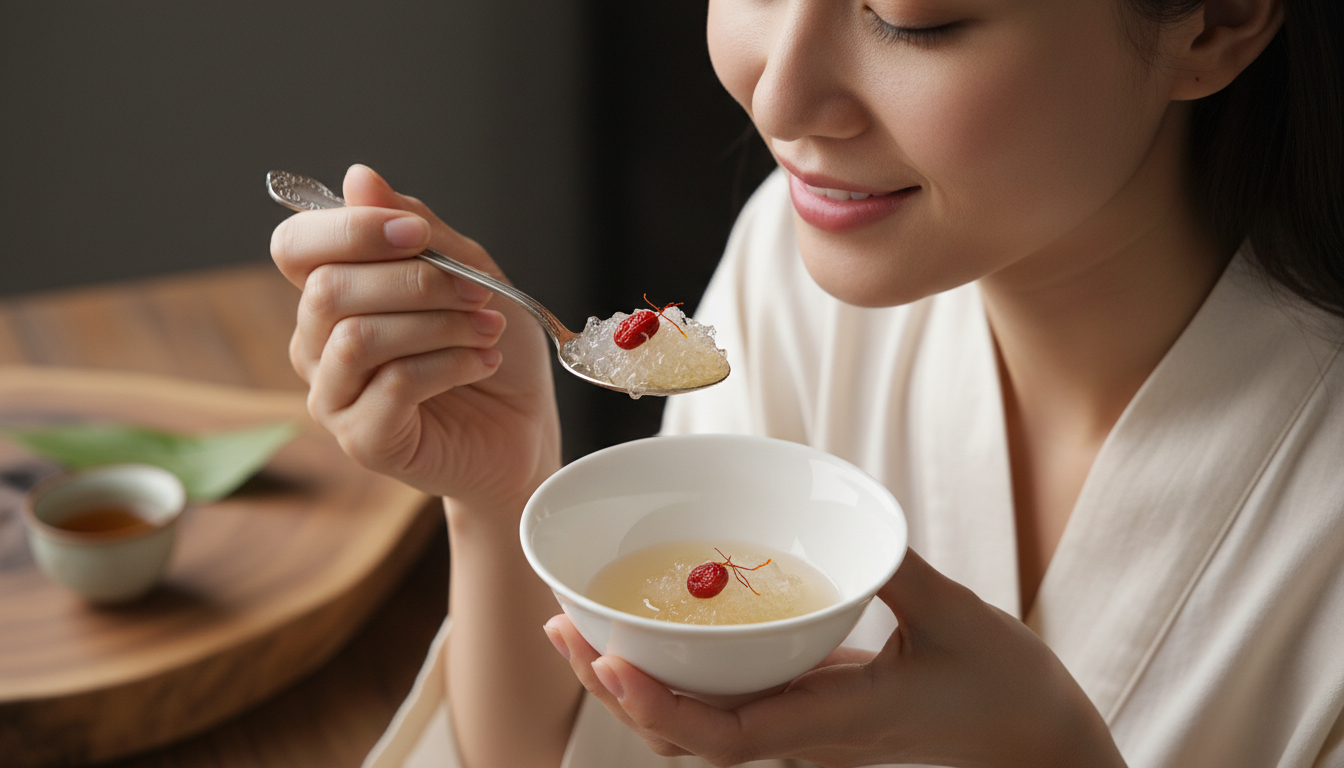 Người phụ nữ mỉm cười khi thưởng thức một muỗng yến sào dưỡng da chất lượng