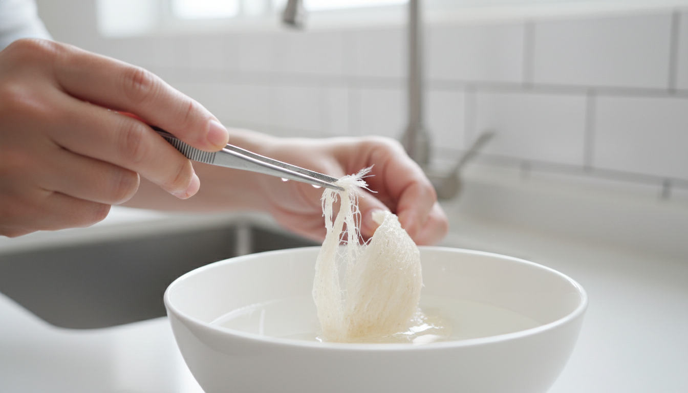 Đôi tay đang cẩn thận nhặt lông yến thô bằng nhíp